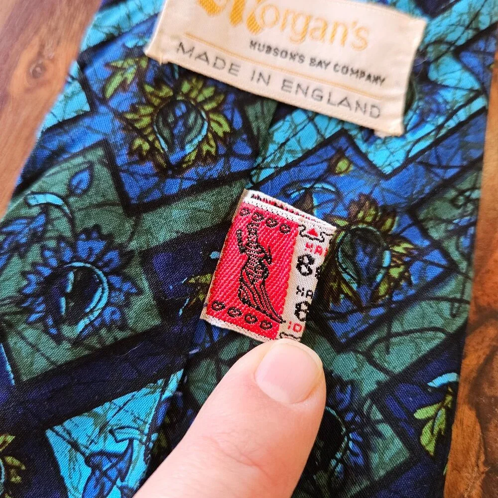 Vintage‎ 60s 70s Morgan's Hudson Bay Co Printed Batik Blue Green Necktie Tie